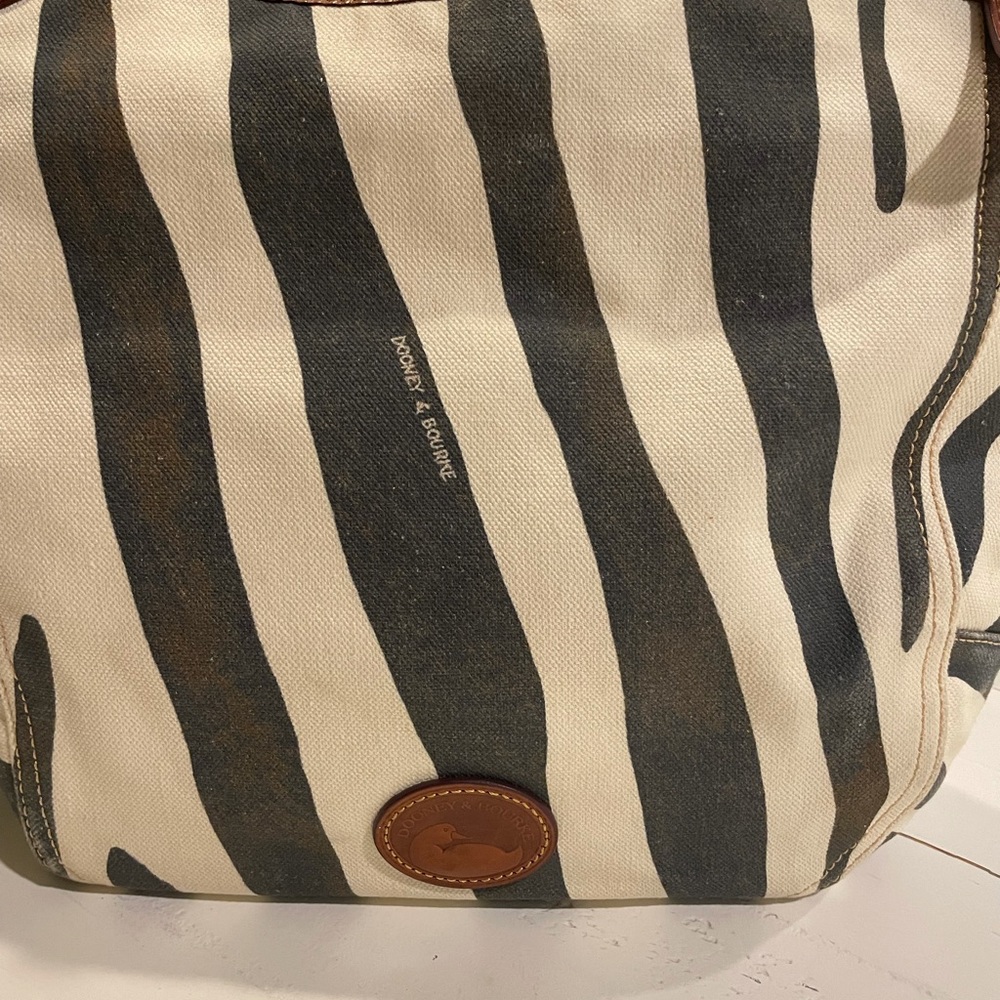 Dooney & Bourke Cream and Black Striped Canvas Tote with Brown Leather Trim - Picture 9 of 10